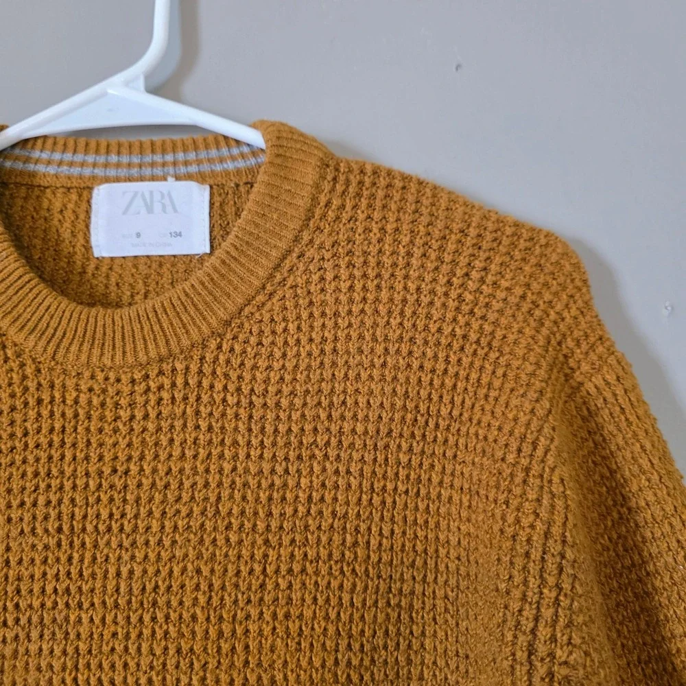 Zara Girls Mustard Yellow Sweater Size 9 Waffle Knit Crewneck Long Sleeve